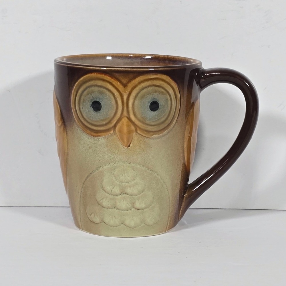 Gibson Home Owl City Coffee Mug Brown Embossed Ceramic 3D Nature Cup